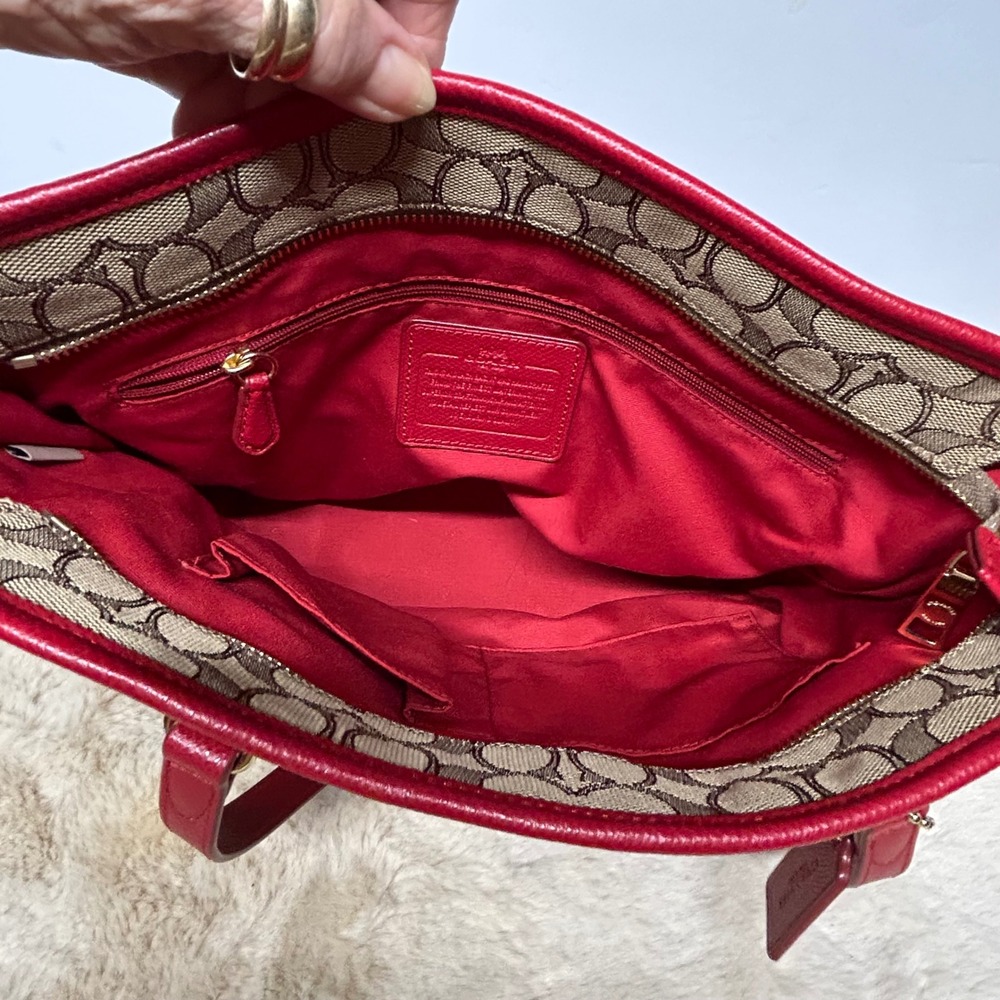 Coach Signature Gallery Tote Khaki Red Leather Trim Canvas Shoulder Bag F55364 - Picture 10 of 15